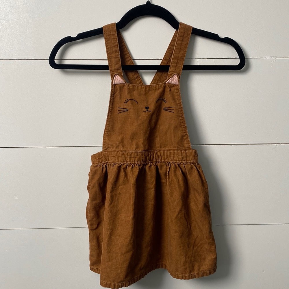 H&M SZ 5-6Y CORDUROY BROWN CAT OVERALL DRESS!! Adjustable!